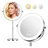 Makeup Mirror with Lights, 1x/20x 360° Rotation Vanity Mirror, Brightness Adjustable Lighted Makeup Mirror with Magnification, 5000 mAh Rechargeable Double Sided Mirror with 3 Colors, Gift for Women