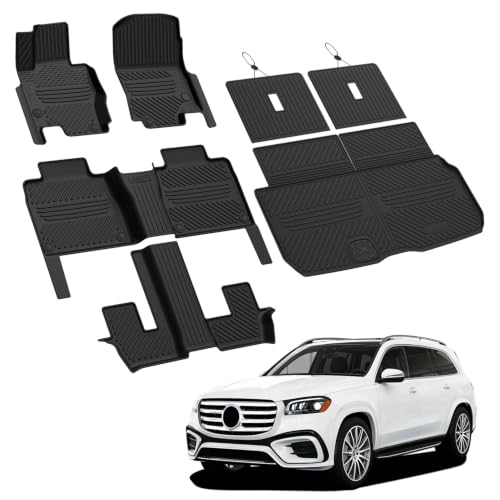 Image of LASFIT Floor Mats & Cargo Mat with Seatback for Mercedes Benz GLS 2020-2026 | Fit for 450 /580 /63 AMG (Fit 7 Seats Without Rear Seat Package), All Weather TPE, 3 Rows Mats & Trunk Mat with Backrest