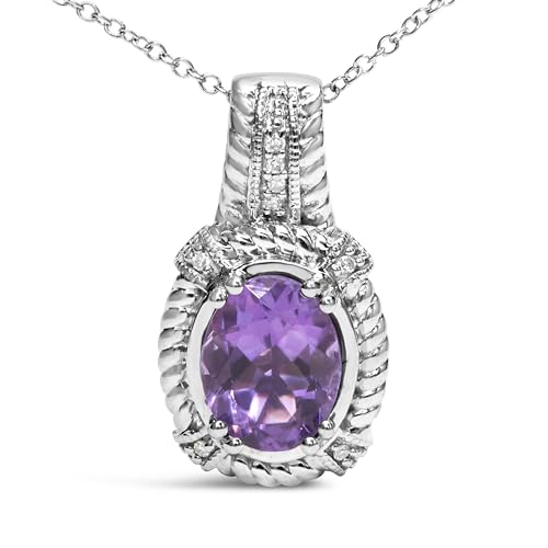 Haus of Brilliance .925 Sterling Silver 9x7mm Oval Purple Amethyst and Round Diamond Accent Fashion Drop Pendant 18 Inch Necklace (I-J Color, I1-I2 Clarity)