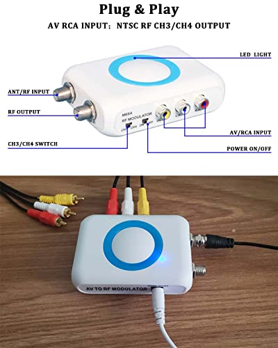 RF Modulator RCA Coax Adapter CVBS VHF Converter w/ANT in/Out & Channel Switch for VCRs DVD Bule-ray Players Fire Stick PS3 PS4 TV Tuner Satellite Set-top Cable Box AV Video to Analog NTSC Coaxial TV