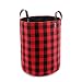 17.7" Large Collapsible Storage Basket with Leather Handles, Red Buffalo Plaid Woolen Fabric Foldable Tote Bags Round Home Decorative Organizer Bin