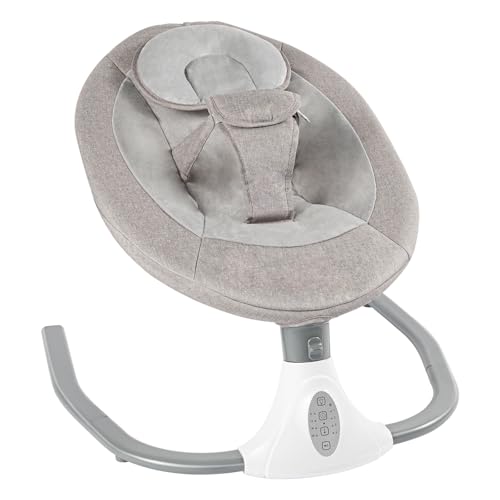 Balancín electrónico para bebé, eléctrico, con mando a distancia, 4 niveles de oscilación y 12 canciones de cuna (0-18 meses, máx. 18 kg), incluye mosquitera y juguetes (gris, ABS y acero)