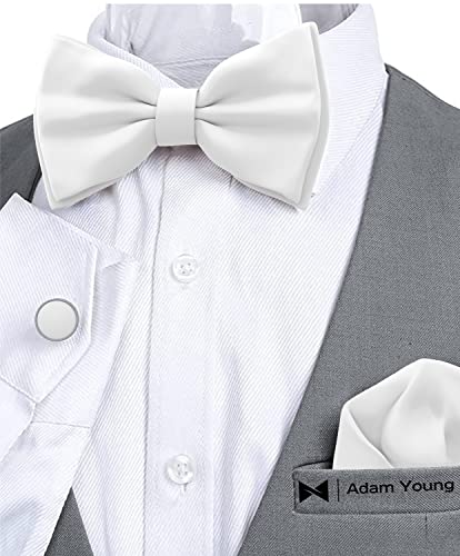 Image of Adam Young Men's Bow Ties with Handkerchief & Cufflinks Pre-Tied Style Formal Satin Classic Bowtie for Tuxedo Faux Silk