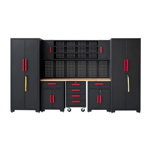 HPDMC Garage Cabinet Storage System - 9-Piece Workshop Set w/Steel Cabinets & Workbench Includes Rolling Chest & Pegboard Heavy-Duty Black & Red Tool Organization for Garage/Workshop
