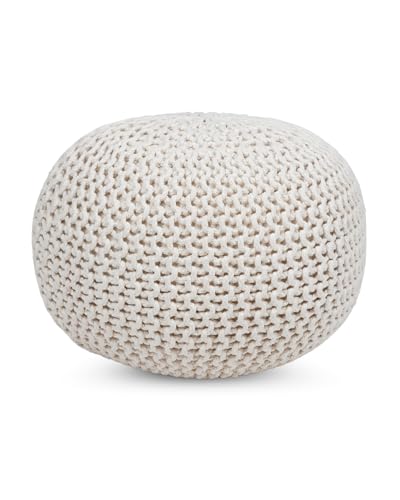 ARJORA Round Pouf Ottoman, 100% Cotton Home Décor Pouffe, Hand Knitted Cable Boho Pouf, Circular Footrest for Living Room, Bedroom, Kids Room 18"x18"x14" (Ivory)