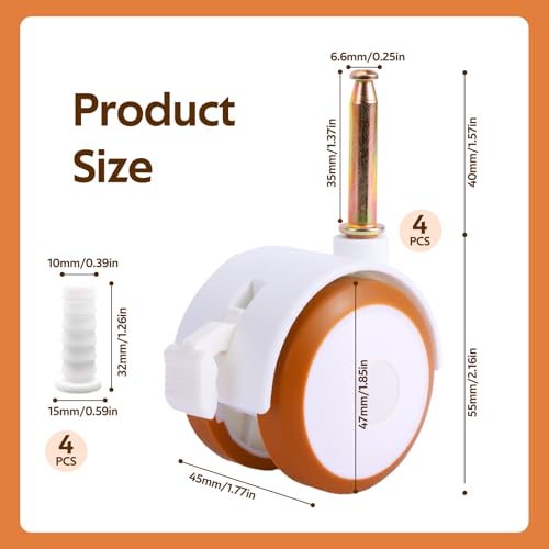 Vexnaro 4er Set Lenkrollen für Kindermöbel, Rollen für Kinderbett, Leise Gummirollen Weiß, Möbelrollen mit Hülse Stift, Freilaufend für Trolleys, Kindermöbel und Stubenwagen