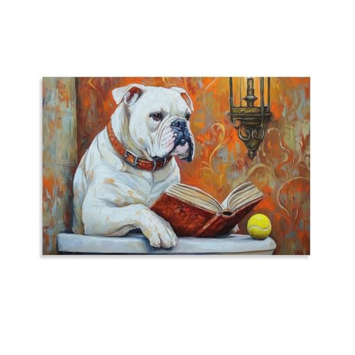 Tableau à l'huile bouledogue lisant sur toile de lin sinyumoney
