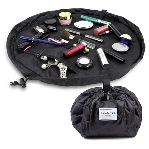 Lay-n-Go Cosmo Drawstring Cosmetic & Makeup Bag Organizer - Portable Drawstring Makeup Bag w/Zipper Pocket, Makeup Loops & More - Durable, Machine Washable Makeup Bag for Travel (20”, Black) Cover