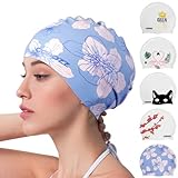 COPOZZ Women‘s Swim Cap for All Hair - Large, Comfortable Silicone Swimming Cap, Waterproof Design for Long, Short, Thick & Curly Hair | Secure & Comfortable Fit (Blue Flower-12yrs+)