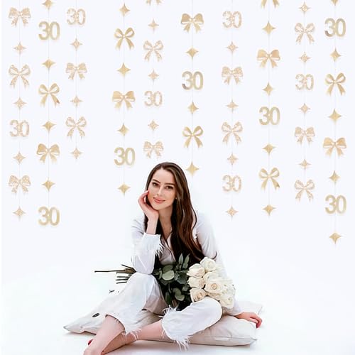 Image of Glitter Champagne 30th Bow Birthday Decorations Champagne Conquette Bow Garland Streamer Banner Backdrop for Womens Happy 30th Birthday Dirty Thirty Cheers to 30 Years Old Anniversary Party Supplies