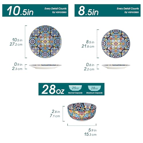 Image of vancasso 12 Pieces Dinnerware Sets, Red Plates and Bowls Set, Porcelain Dishes Set for 4, Microwave and Dishwasher Safe, Scratch Resistant, Bohemian Style Dining Ware Service for 4, Series SIMI