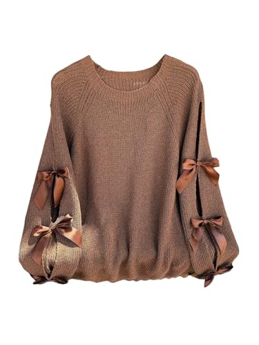 SOLY HUX Womens Plus Size Sweaters Pullover Bowknot Long Sleeve Crew Neck Knit Fall Tops Plain Brown 3X-Large Plus