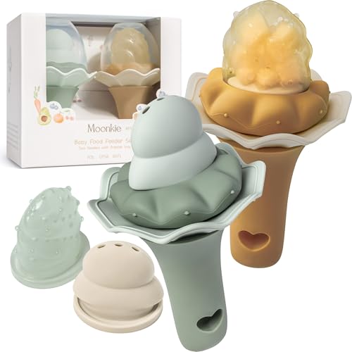 Image of Moonkie Baby Fruit Feeder, BPA Free Silicone Food Feeder for Infant Self Feeding, Mesh Feeder with Two Pouches, Baby Shower Gifts 4 Months+, 2 Pack (Without Freezer Tray)