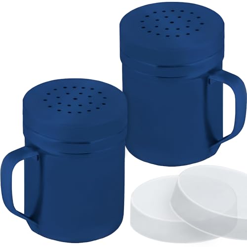 Image of CUSINIUM 6oz Navy Blue Stainless Steel Salt Pepper Dredge Shakers - With Plastic Cap - With Handle - Pack of 2