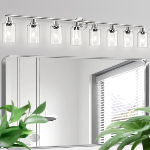 Image of 8-Light Brushed Nickel Vanity Lights, Modern Bathroom Light Fixtures with Clear Glass Shade, Wall Lamps for Mirror Kitchen Hallway Cabinet Living Room Sconces Lights - E26