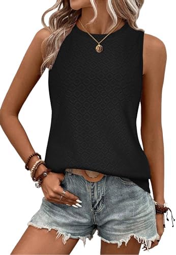 osazic Tank Tops for Women Eyelet Sleeveless Shirts High Crew Neck Loose Fit Summer Top 2024 S-XXL