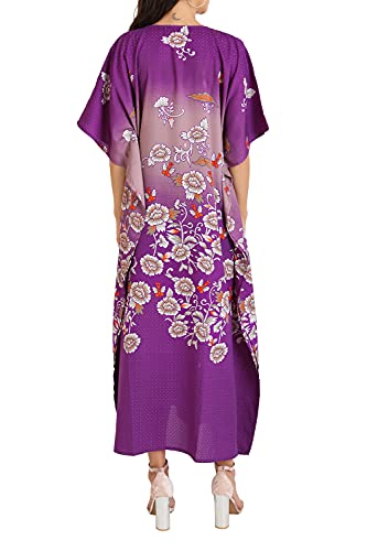 Image of Miss Lavish London Women's Purple Floral Kaftan Dress with Pockets, V Neck Maxi Beach Cover Up, Short Sleeve Batwing Caftan with Side Slits, Plus Size Swimsuit Coverup-Purple-M