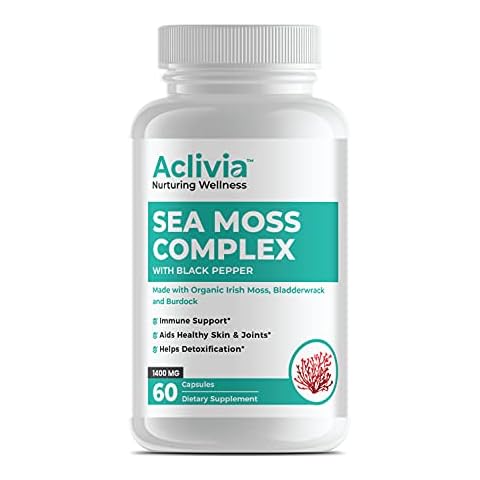 Aclivia Certified Organic Irish Sea Moss Capsules with Bladderwrack, Burdock Root, and BioPerine, Pure Wildcrafted Sea Moss Supplement, Vegan, Non-GMO, 60 Counts Seamoss Capsules Cover