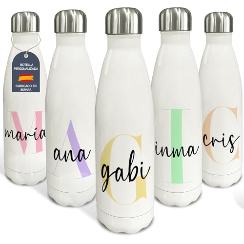 LolaPix Botella Personalizada Nombre. Botella termica 500ml. Cantimplora agua acero inoxidable personalizada. Termos personalizados. Regalo Padre. Cantimplora Térmica Personalizada 500ml.