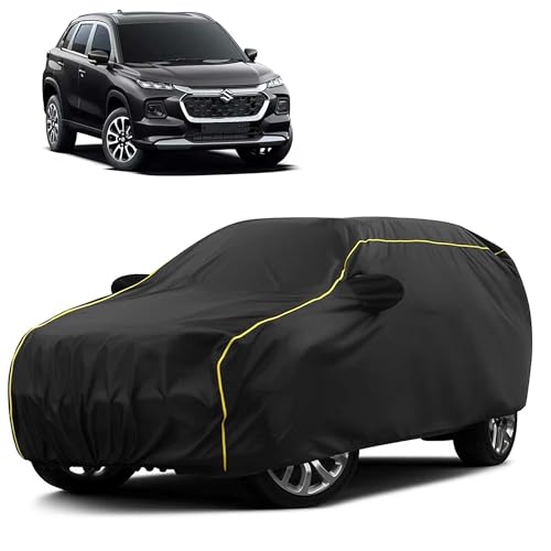 Image of Sulfar 100% Water Resistant Car Body Cover Compatible with Mirror for Maruti Suzuki Grand Vitara (Triple Stitched, Full Bottom Elastic, Black Taffeta with Yellow Piping)