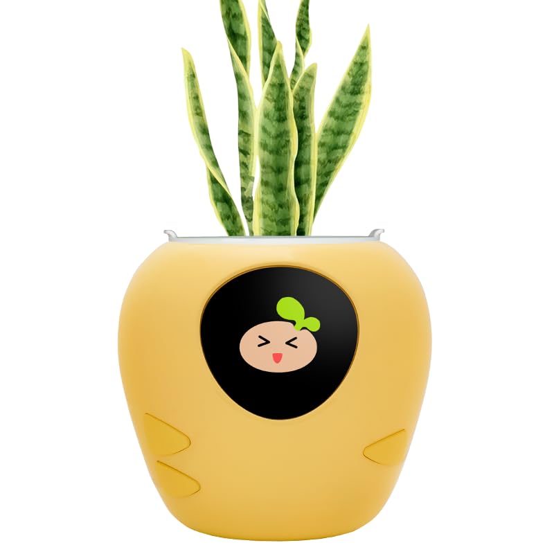 Vibezy Interactive Plant Pot – Smart Planter, AI Pet Plantagotchi, Tamagotchi, Leafypod and Plantiboy, Extra Large, Robot Flower with Feelings, Indoor Flowerpot with Water, Digital Gifts (Yellow)