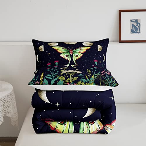 Death Moth Comforter Set Twin For Women Men Boys Gothic Decor Bedding Kids Girls Moth Skull Quilted Duvet Spring Summer Floral Botancial Moon Print Down Comforter Exotic Animal Moths Beddding #TOP4