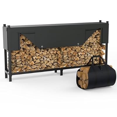 WALMANN Heavy-Duty 8 ft Firewood Rack with Waterproof Cover & Firewood Carry Bag, Outdoor Indoor Wood Log Holder for Fireplace, Patio & Porch, Sturdy Steel Fire Wood Storage Stand