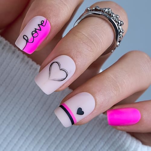 CurvLife Medium Square Press On Nails, Heart Line Black, Soft Gel