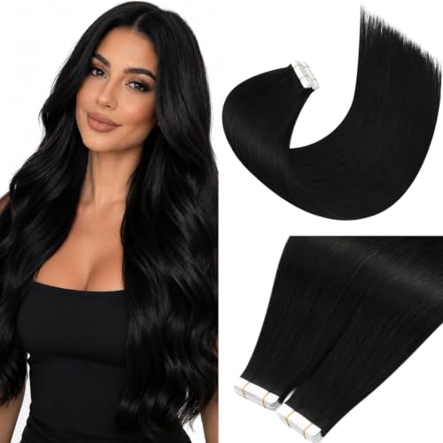 Image of Moresoo Natural Black Skin Weft Tape in Extensions, 28 Inch, 20Pcs, 50g | Tape in hair extensions, remy straight human hair, extra long hair, add length, natural look, easy daily styling