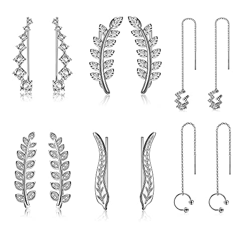 LOYALLOOK 6 Pairs Ear Cuff Climber Hoop Stud Earring CZ Leaf Curved Crawler Ear Jackets Wave Cuff Wrap Tassel Threader Chain Earring Set for Women