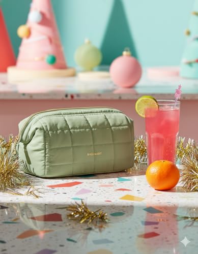 Image of BAGSMART Makeup Bag Travel Cosmetic Bag, Puffy Padded Make Up Bags for Women Makeup Organizer Case, Wide-open Pouch Purse Travel Essentials Toiletries Accessories Brushes, Mossy Green