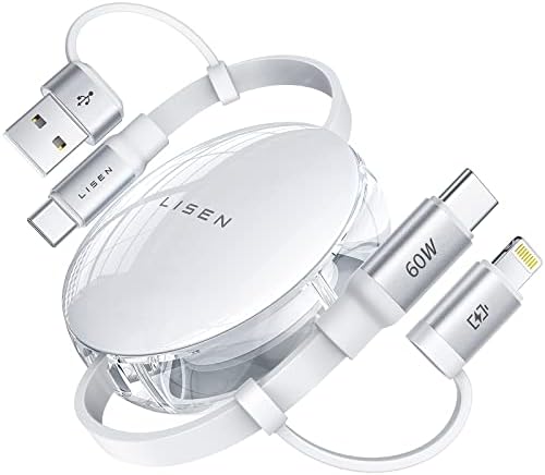 LISEN 4 in 1 Multi Charging Cable [Carry Anywhere] [Fast Charge All Devices] 60W PD USB C Charging Cable Retractable iPhone Charger Multiple Cord for Samsung Galaxy S23+/iPhone 14/Laptop/iPad(3.3FT)
