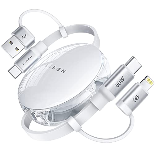LISEN 4 in 1 Multi Charging Cable [Carry Anywhere] 60W USB C Cable Fast Charging [Incredibly Versatile Cable] Retractable iPhone Charger Cord for Multiple Devices iPhone/Samsung/Laptop/iPad(3.3FT)