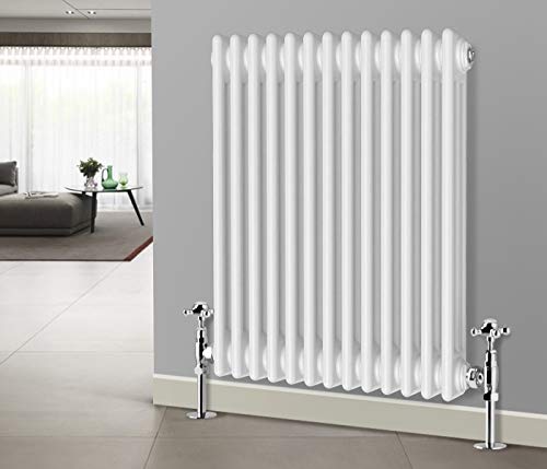 NRG Cast Iron Radiator Traditional Triple Column Horizontal Designer Gloss White Rads with Angled Pair of Valves 600 x 605mm