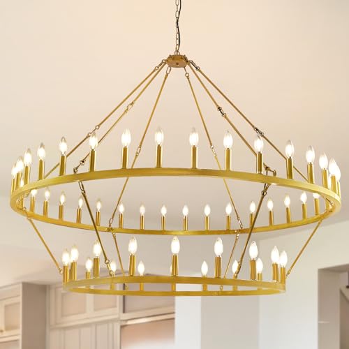54-Lights 2 Tier Wagon Wheel Chandelier, 60" Large Chandeliers for