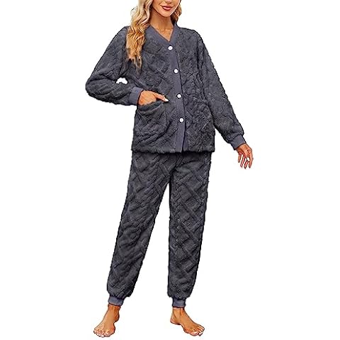 HEARTNICE Women Fuzzy Pajama Set Warm Fluffy Long Sleeve Sleepwear Plush Loungewear Thermal Nightwear with Pockets (Dark Grey, L) Cover