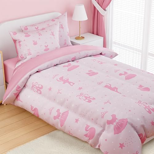 Image of SANDJEST Ballerina Comforter Set Full Size 98x86in for Kids Girls, Microfiber 4 Pcs Bedding Set Includes 1 Comforter, 2 Pillowcases, 1 Fitted Sheet, Nursery Room Decor