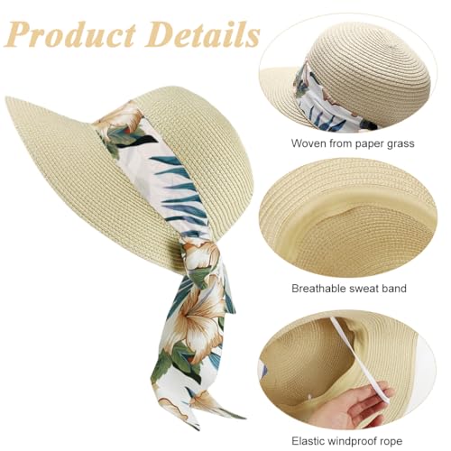PALAY® Straw Hat Sun Hats for Women, Wide Brim Beach Hat for Women Summer with Printed Ribbon, Fashion UV Protection Visor Cap, Packable Travel Hat for Ladies Gift