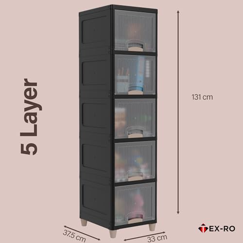Image of TEX-RO 5XL Multipurpose Plastic Storage Cabinet with Drawers & Shelves| Wardrobe Organizer for Clothes | Toys & Books | Space-Saving Home Storage Cupboard | Black & Transparent