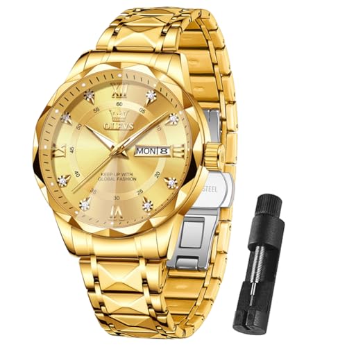 OLEVS Gold Watches for Men Luxury Big Face Dress Mens Watches with Day and Date Waterproof Diamond Men's Watches Stainless Steel Analog Quartz Men Wrist Watch Relojes para Hombres