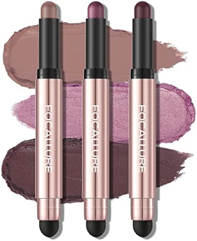 FOCALLURE 3 Pcs No Crease Eyeshadow Sticks,Shimmer & Matte Eye Shadow Crayon Set with Blending Sponge Brush,Smooth Texture Cream Eye Highlighter Pen,Long Lasting Waterproof Eyeshadow Brightener Stick Makeup,Limerence