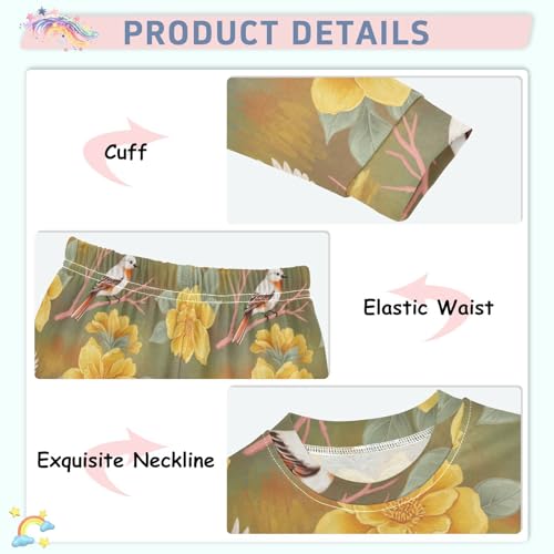 Pajama Sets Long Sleeve Birds Yellow Flowers Pattern Soft Comfy Sleepwear 2 Piece PJS 3-8T4