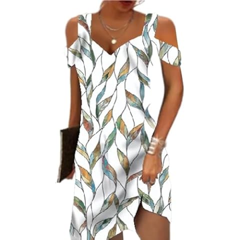 Soesdemo Womens Summer Green Leaves Printed Dress Cold Shoulder V Neck Floral Printed 2024 Fashion Sundress with Pockets Cover