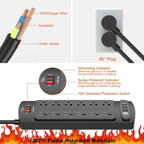 Image of Surge Protector Power Strip, Nuetsa 12 Outlets and 4 USB Ports, 6 Feet Extension Cord for Home, Office, Dorm Essentials, 2700 Joules, ETL Listed, Black
