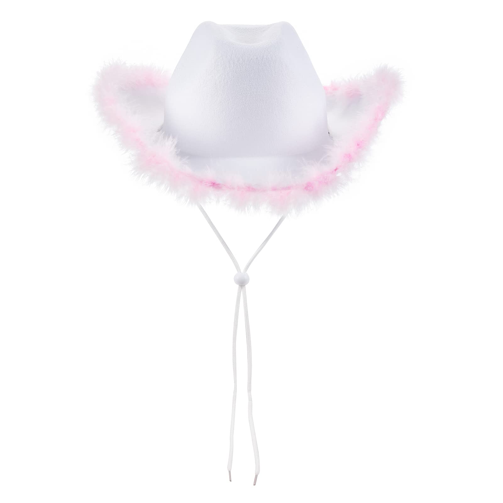 Miolasay Women's Plush Trim Cowboy Hat Drawstring Adjust Western Disco Fish Bucket Hat Fancy Holiday Party Costume Accessory (A-White Pink, One Size)