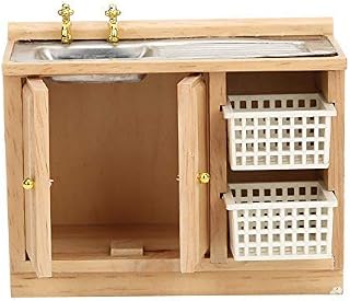 Dolls House Kitchen Furniture, 1:12 Miniature Hand Washing Washbasin Model Wooden Bathroom Sink Model for Doll House Toy