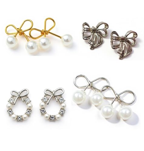 Image of Korean earrings combo for girls stylish | Pack of 4 Bow earings | Bow, Pearl Bow, Silver and Golden Color Irregular Bow knot Designs | Golden color Ear rings For Women