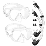 2 Pack Snorkel Set for Adults, Bairuifu Frameless Professional Snorkeling Gear, 100% Food Grade Silicone, 180° Panoramic Anti-Leak, Anti-Fog Tempered Glass for Scuba Diving Swimming Travel