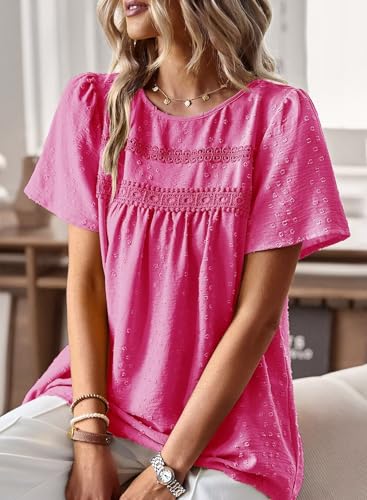 Image of Falechay Womens Summer Tops Crewneck Short Sleeve Shirts Casual Chiffon Blouses Flowy Lace Hem Boho Clothing Trendy 2026