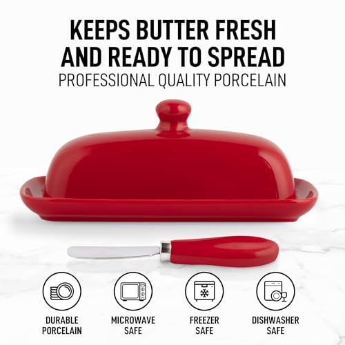 Image of Zulay Kitchen Butter Dish With Lid For Countertop - Porcelain Red, Ceramic Butter Dish with Knob Handle Great for Cooking - Elegant Design Butter Holder - Durable & Sturdy Butter Keeper - Red